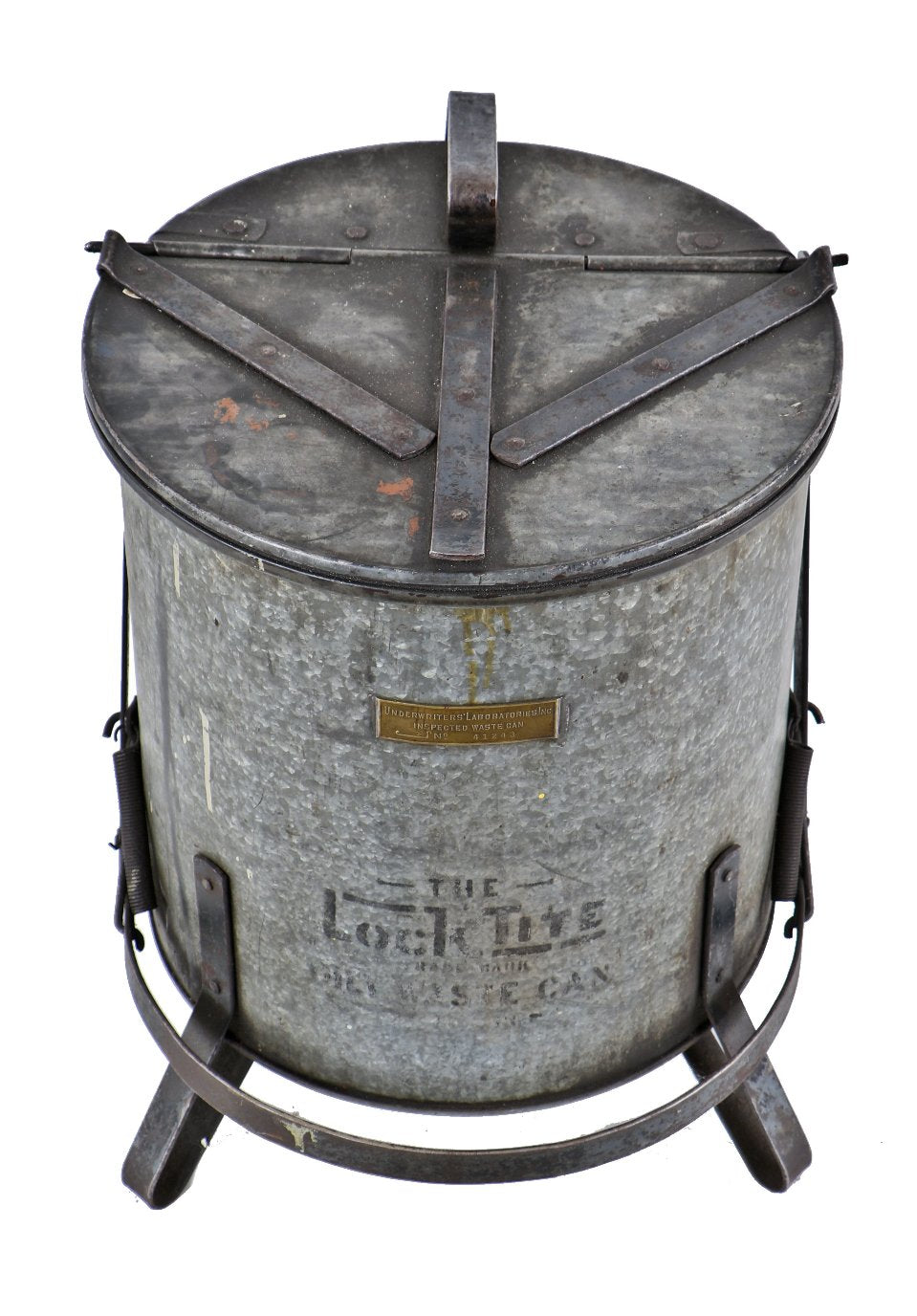 original c. 1930's american antique industrial riveted joint galvanized steel foot-operated flip-top "empty every night" oily rag waste can with hinged lid