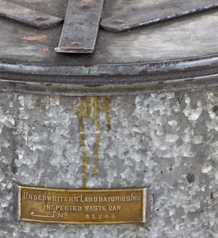 original c. 1930's american antique industrial riveted joint galvanized steel foot-operated flip-top "empty every night" oily rag waste can with hinged lid