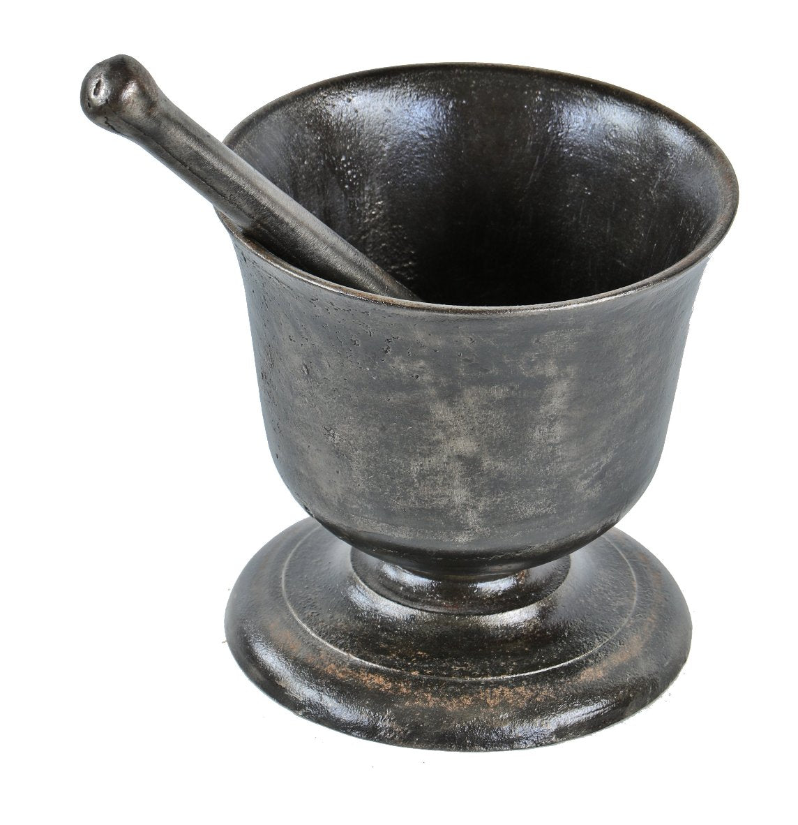 original and remarkably intact massive late 1850's refinished heavy cast iron american druggists' tapered mortar bowl with blunt end pestle