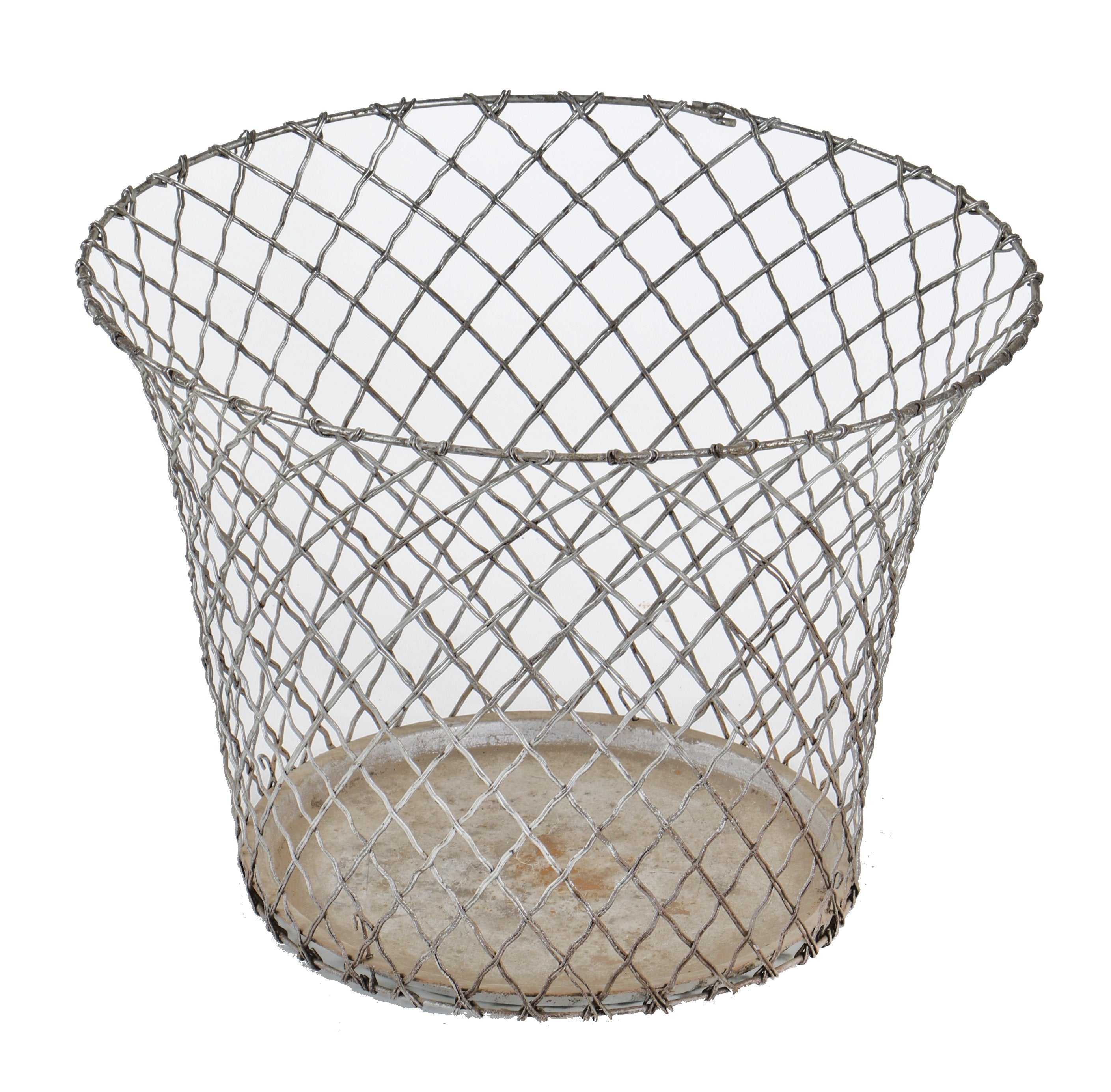 original antique american industrial c. 1920's flared top reinforced corrugated steel wire factory office paper waste basket with old metallic silver enameled finish