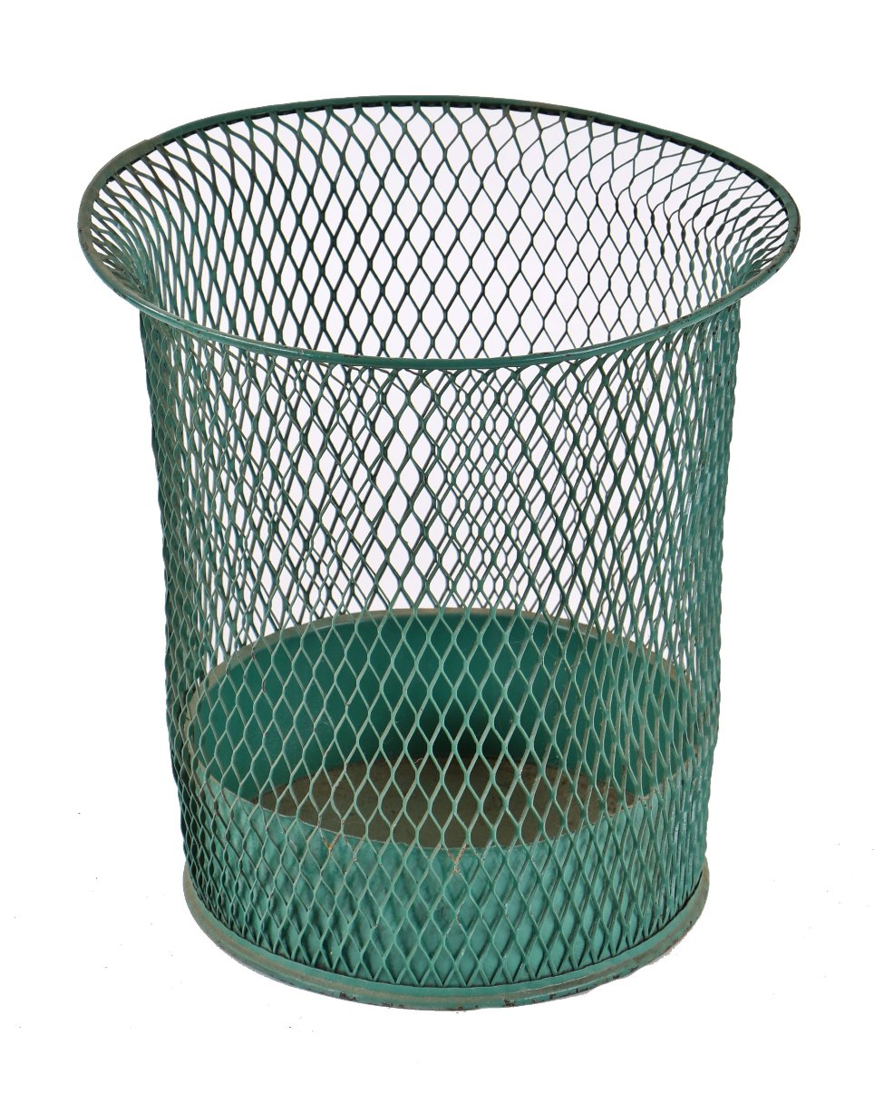green enameled american depression era antique industrial light weight "slitted and expanded" steel mesh factory off northwestern waste or trash can