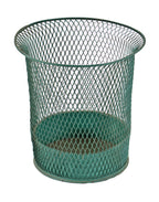 green enameled american depression era antique industrial light weight "slitted and expanded" steel mesh factory off northwestern waste or trash can