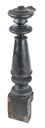 darkly stained with allover crazed finish 19th century american solid turned and tapered walnut wood interior commercial building staircase newel post with original cap