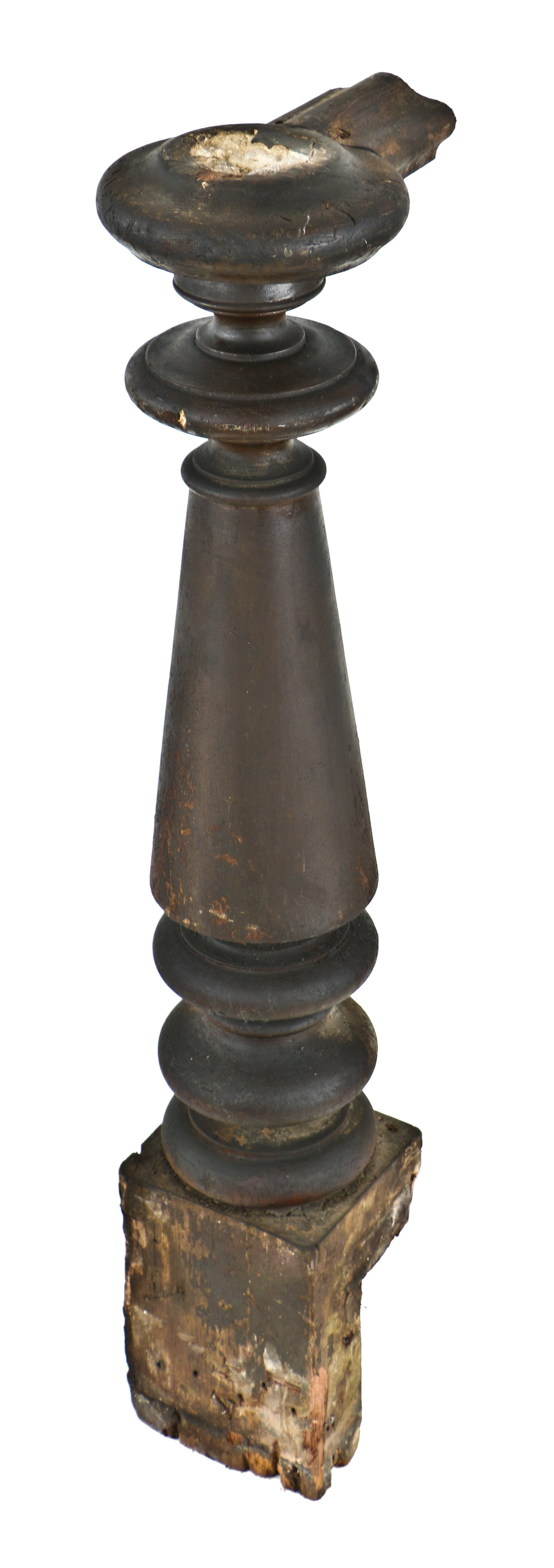worn and weathered intact solid walnut pre-fire chicago interior commercial building newel post with a nicely turned and tapered profile