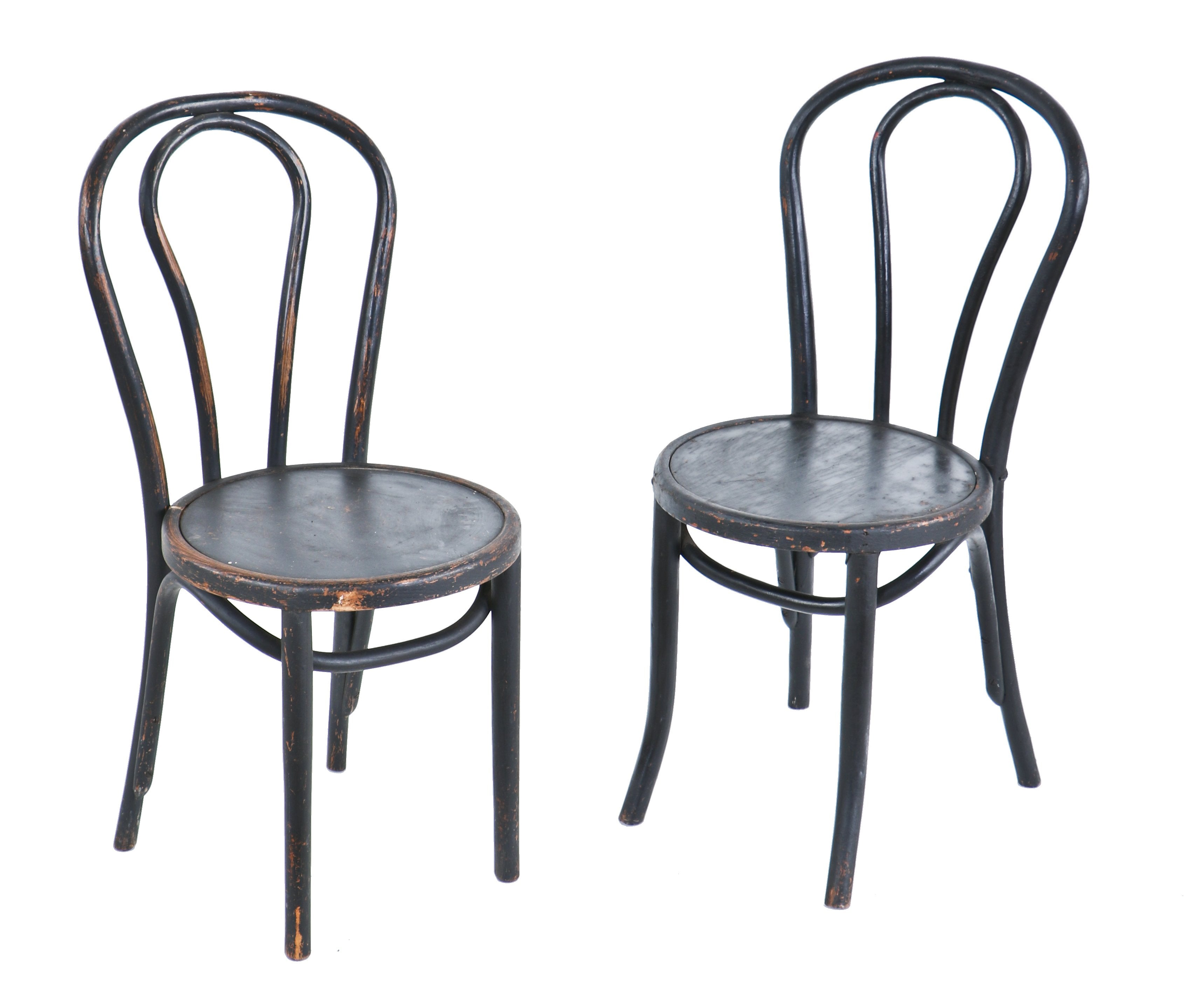 two matching american antique early 20th century darkly stained or painted black bent wood thonet restaurant cafe table chairs with weathered finish