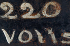 early 1920's original antique american industrial "220 volts" black enameled steel electrical box with intact hinged cover and recess drop handle