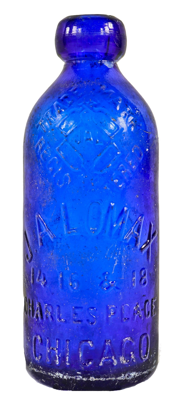 vibrant hard to find 1880's vibrant cobalt blue embossed glass hutchinson style lomax flavored soda bottle with "open pin" trademarked logo
