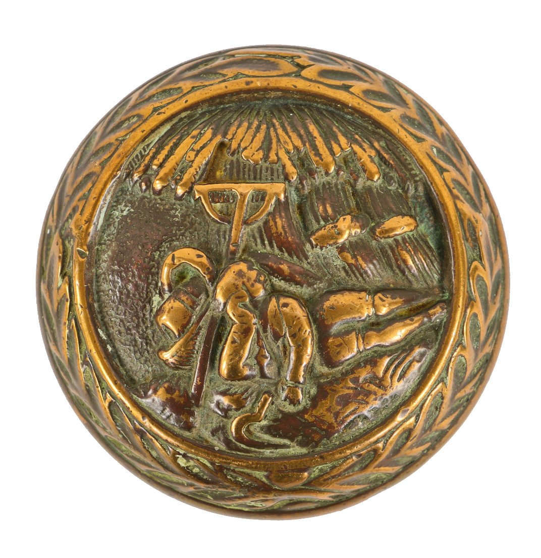 hard to find original "reaper" figural mallory-wheeler ornamental cast bronze antique american doorknob with nicely aged surface patina