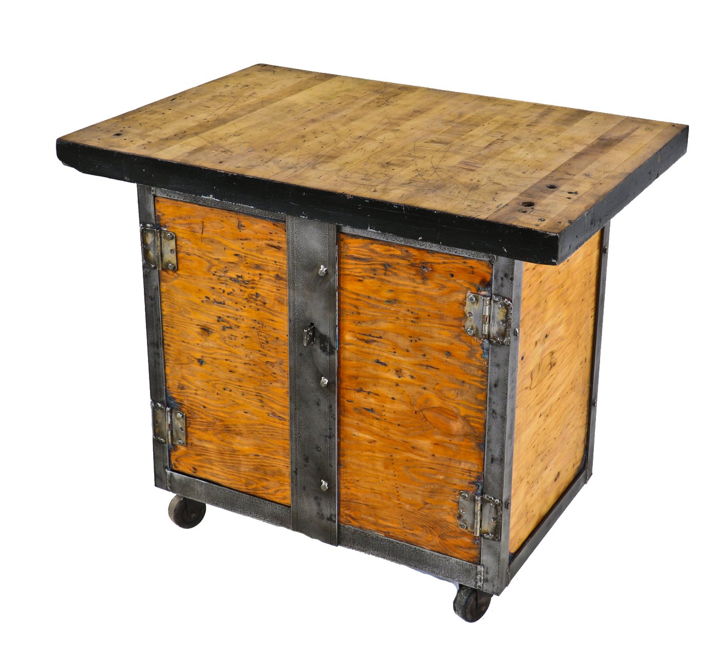 late 1930's american industrial american depression era custom-built refinished heavy gauge angled steel cabinet with a rock hard male wood tabletop