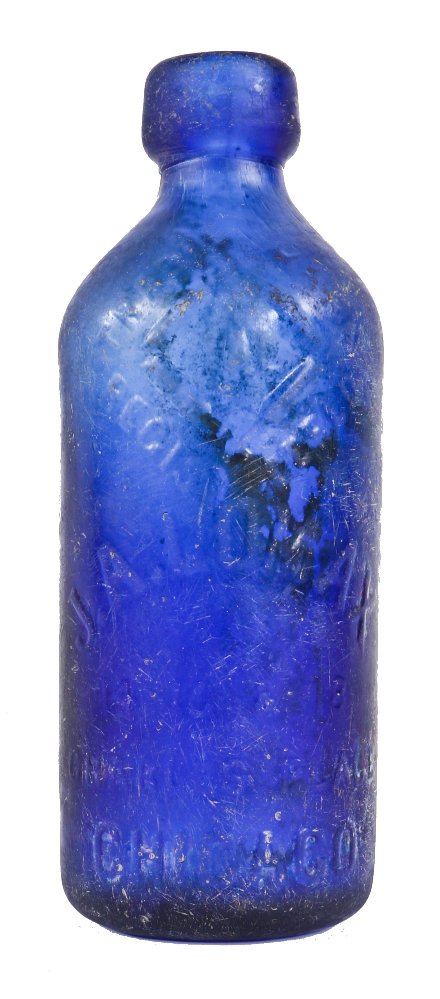 original privy-dig 19th century vibrantly colored blue blobtop hutchinson style j.a. lomax carbonated soda bottle with embossed initials along the base