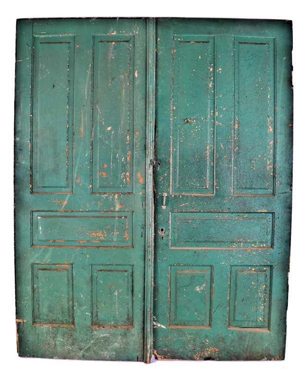 matching set of early all original and unrestored pre-fire chicago green painted raised panel pine commercial building second floor wood swing-out doors