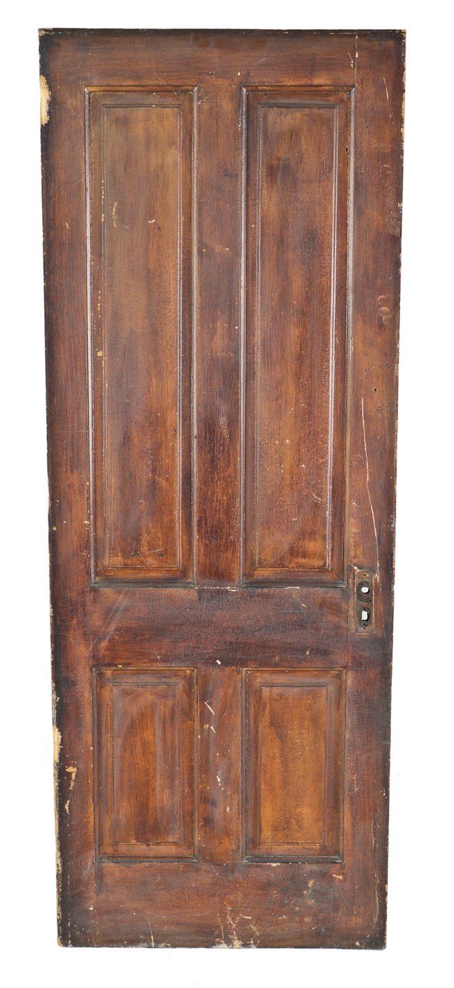 late 1860's or early 1870's original interior tenement passage door comprised of painted pine wood with four raised panels divided by the lock rail