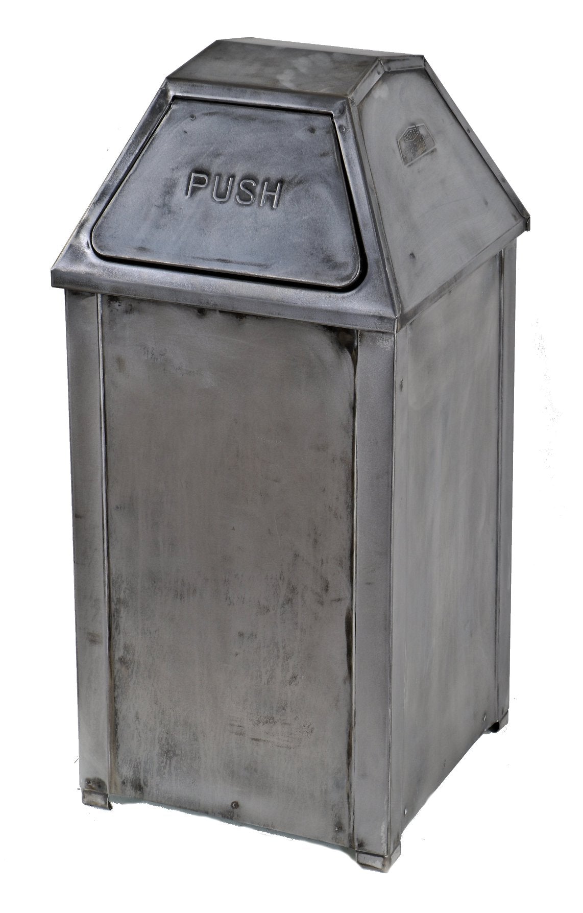 one of several matching c. 1930's american depression era antique industrial lightweight cold-rolled steel pressed and folded stationary trash can