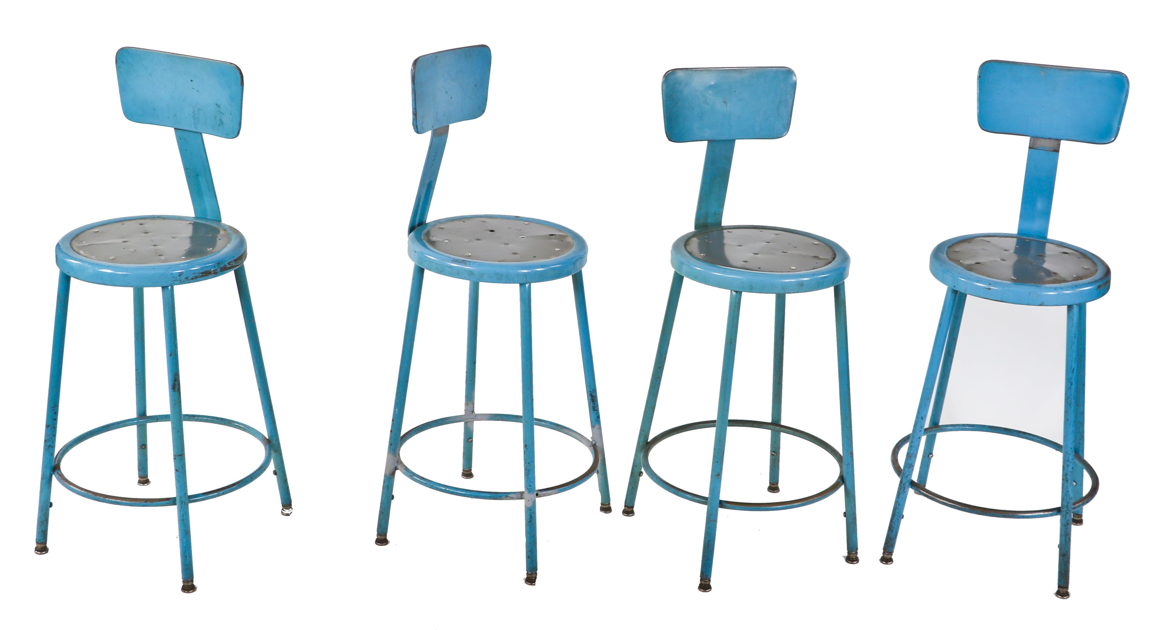 four matching c. 1950's vintage american industrial light factory blue enameled cold-rolled tubular steel machinist stools with adjustable backrests