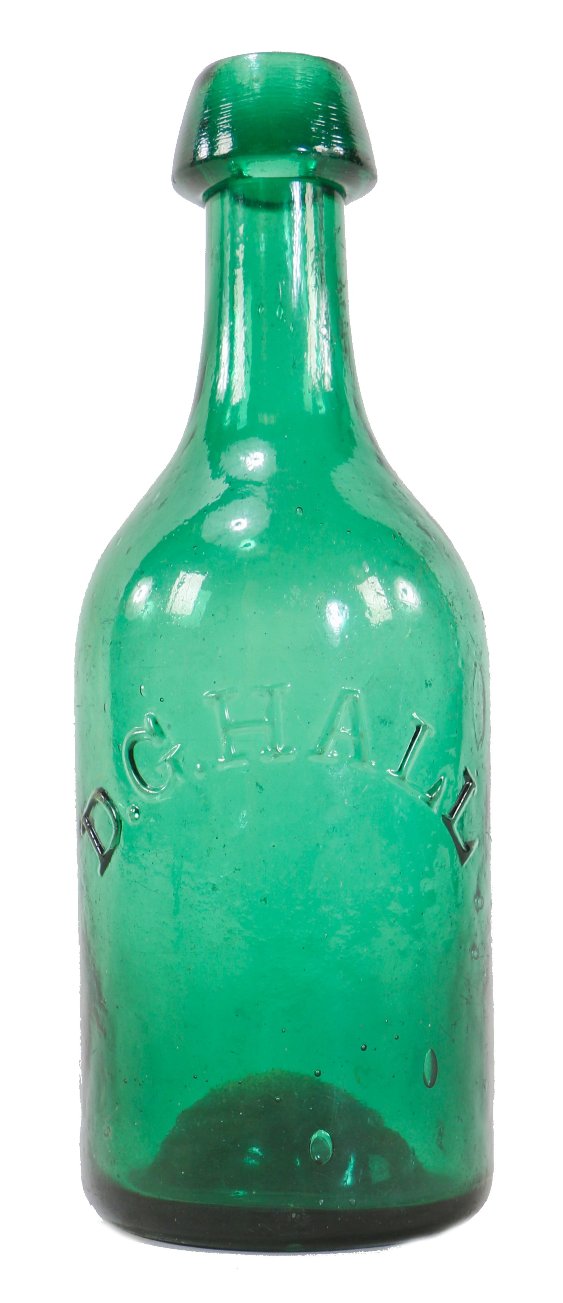 vibrantly colored and completely intact 1850's antique american iron-pontiled glass bottle with applied tapered lip manufactured for d.g. hall in providence, ri.