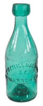 c. 1850's boldly embossed emerald green glass antique american privy dug tuthill baldwin & co.iron-pontiled soda or mineral water bottle with applied blob top clip