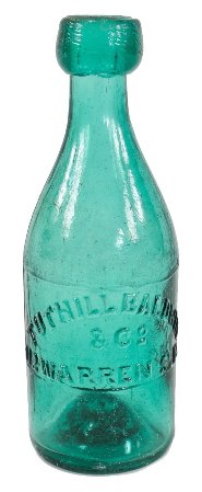 c. 1850's boldly embossed emerald green glass antique american privy dug tuthill baldwin & co.iron-pontiled soda or mineral water bottle with applied blob top clip