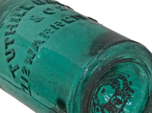 c. 1850's boldly embossed emerald green glass antique american privy dug tuthill baldwin & co.iron-pontiled soda or mineral water bottle with applied blob top clip