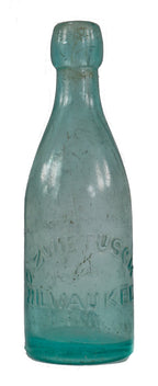 original late 1860's or early 1870's antique american light blue aqua otto zwietusch applied blob top milwaukee glass soda or mineral water bottle