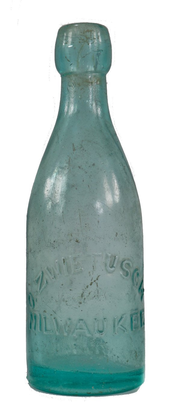 original late 1860's or early 1870's antique american light blue aqua otto zwietusch applied blob top milwaukee glass soda or mineral water bottle