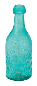 rare all original c. 1850's well-documented light blue blue early wisconsin iron-pontiled j. & a. lindestram embossed soda or mineral water bottle with kick up base encrusted with residual iron oxide