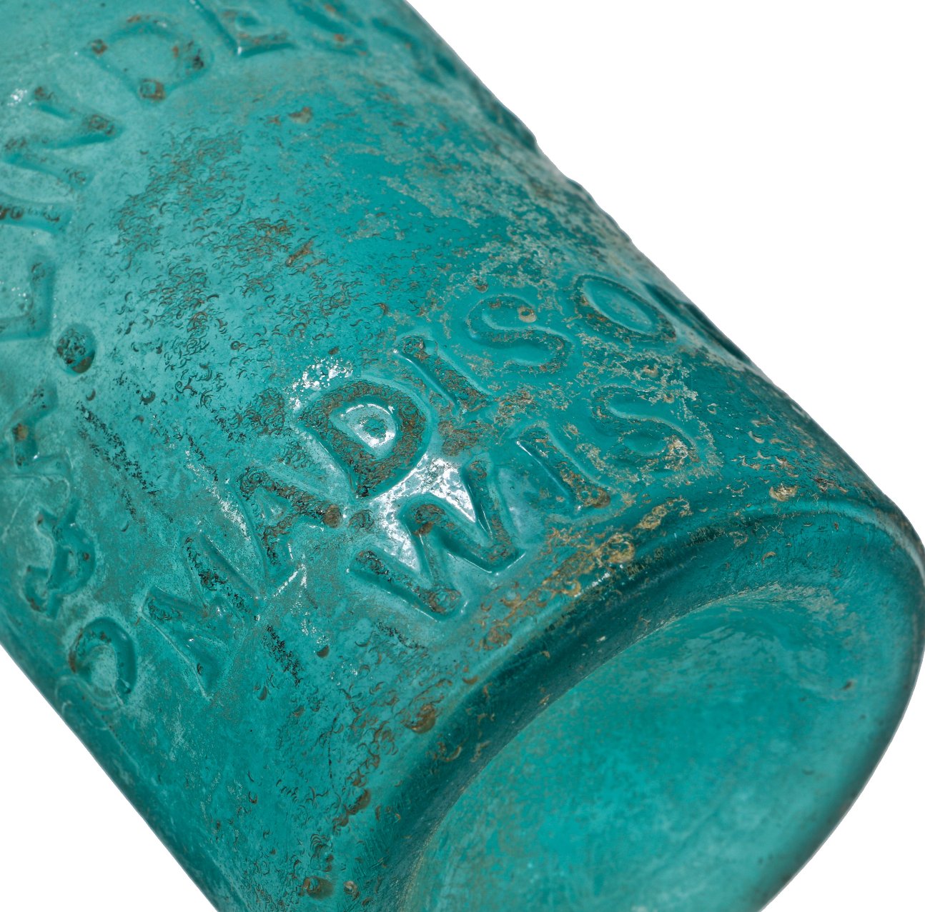 rare all original c. 1850's well-documented light blue blue early wisconsin iron-pontiled j. & a. lindestram embossed soda or mineral water bottle with kick up base encrusted with residual iron oxide