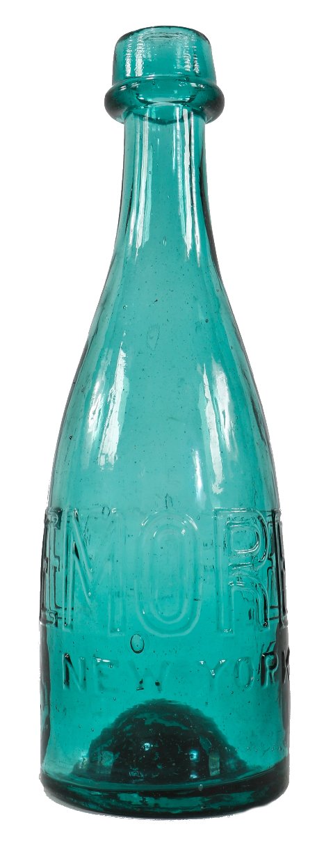 hard to find mid-nineteenth century teal colored "teepee" shaped privy dug c. whittemore soda or mineral water bottle with deeply recessed iron-pontiled base