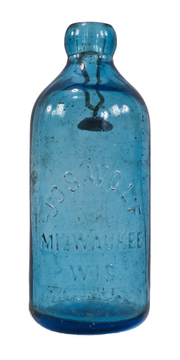 rare mid-nineteenth century privy-dug sapphire hutchinson soda bottle manufactured for jos wolf in milwaukee, wisconsin.