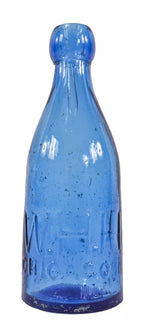 very clean and well-maintained c. 1860's antique american desirable light cobalt blue mineral water or soda pony style "attic" bottle embossed "w.h.h." and "chicago ill"
