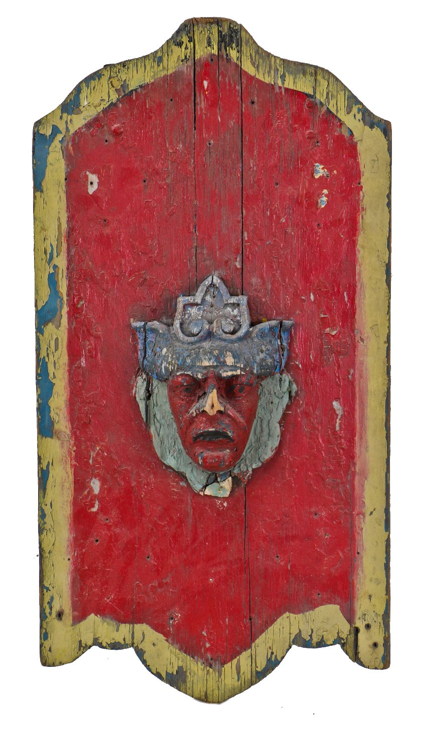 very unique and unusual early 20th century antique american folk art chicago carnival or amusement park ride painted carved wood bracketed shield with jester head