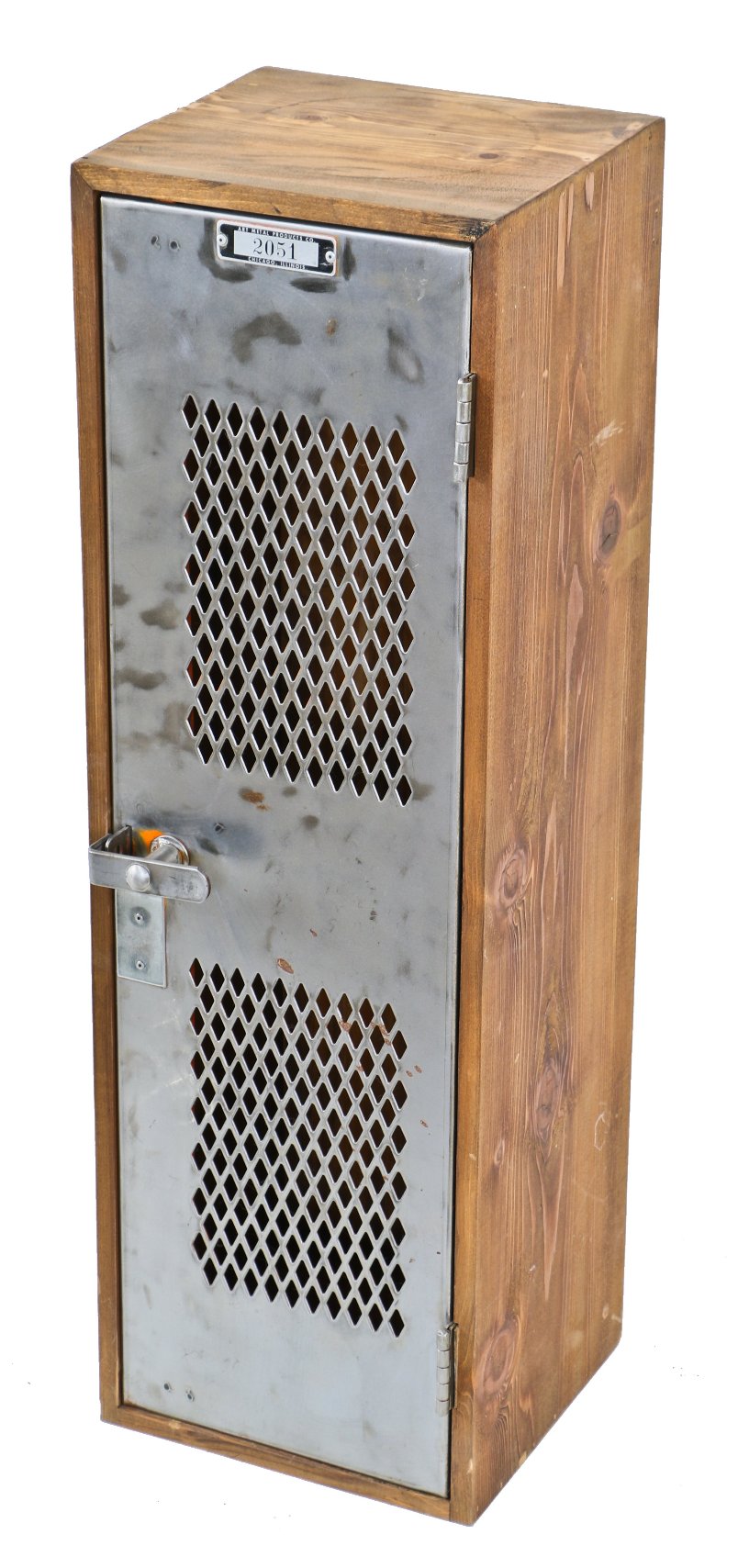 custom-built petite-sized vintage american industrial wall-mount repurposed single interior compartment locker unit wiith specially built varnished pine wood cabinet