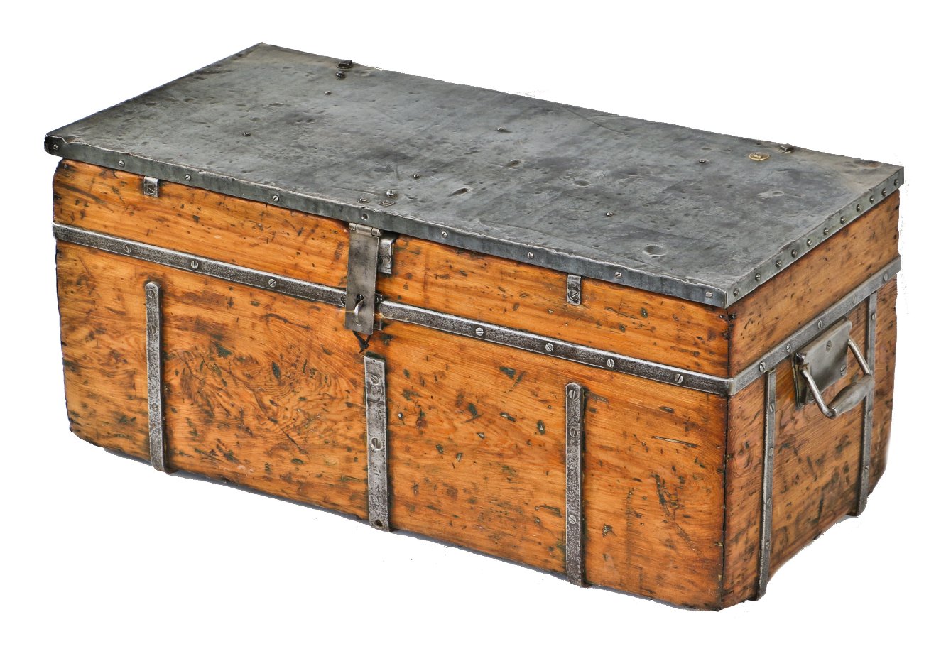 unusual early 20th century american antique industrial reinforced pine wood pipefitter tool chest with folded sheet steel hinged top and opposed cast iron drop handles