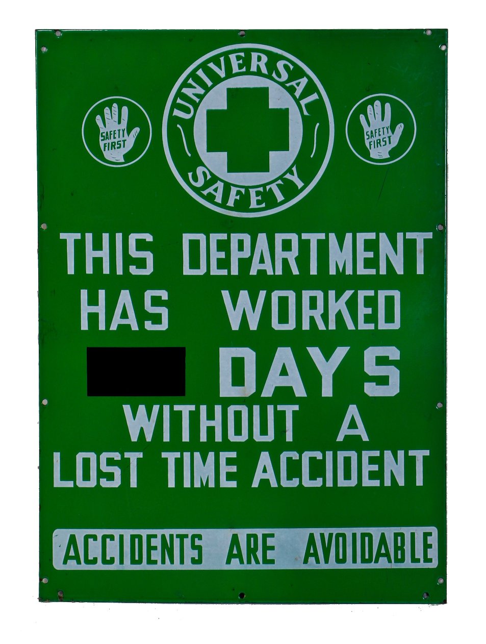 very rare late 1930's all original "new old stock" vibrantly colored vitreous or porcelain enameled steel factory "lost time accident" wall-mount sign