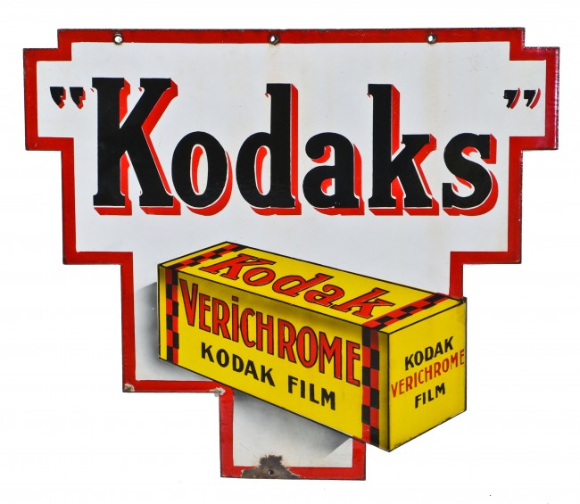 seldom found c. 1930's all original and well-maintained strongly geometric shaped american depression era double-sided hanging kodak "verichrome" porcelain enameled cold-rolled steel sign