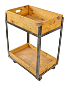 repurposed american industrial welded joint angled iron and cedar wood two-tier mobile factory cart with original "roll-ezy chief" double wheel trucks