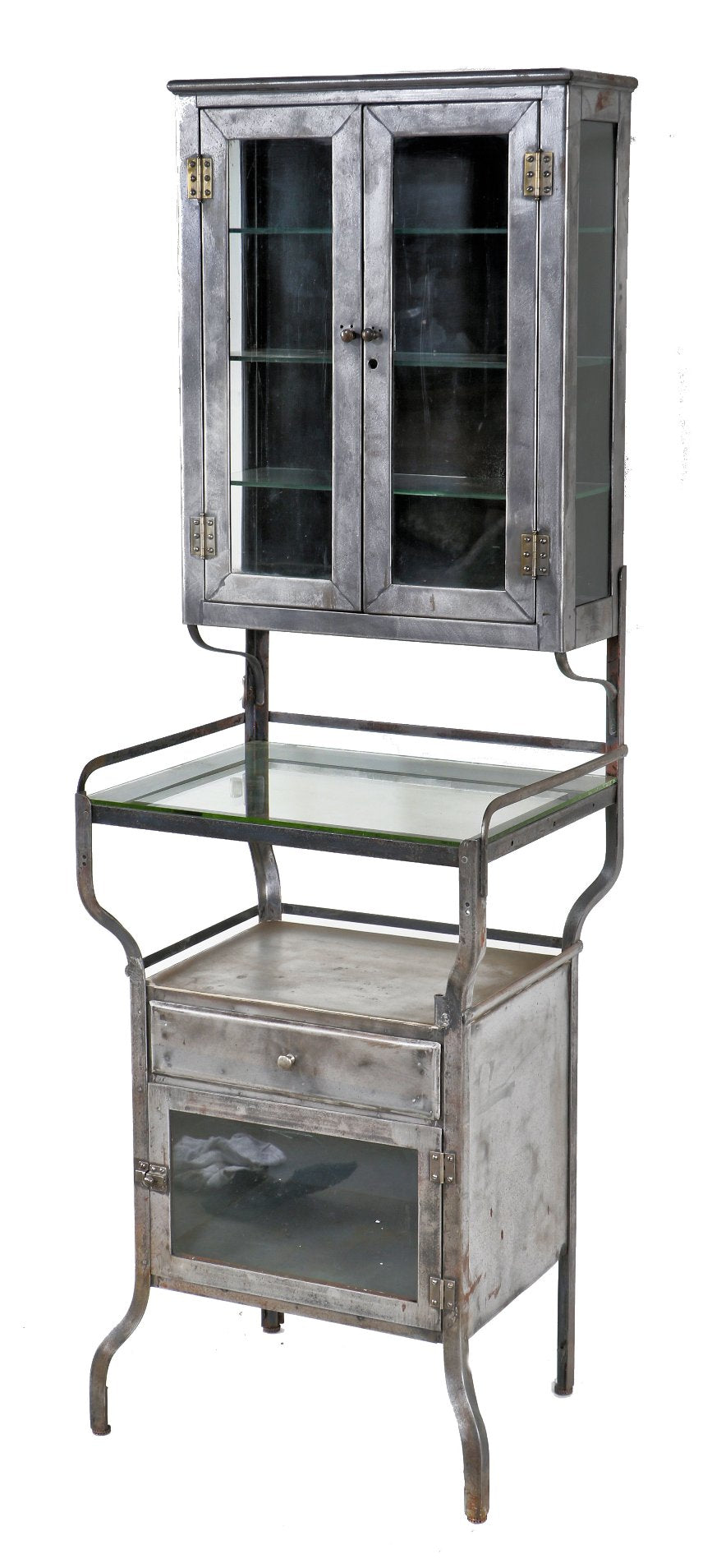 highly desirable completely refinished early 20th century cook county hospital operating room brushed metal freestanding workstation with cabinets
