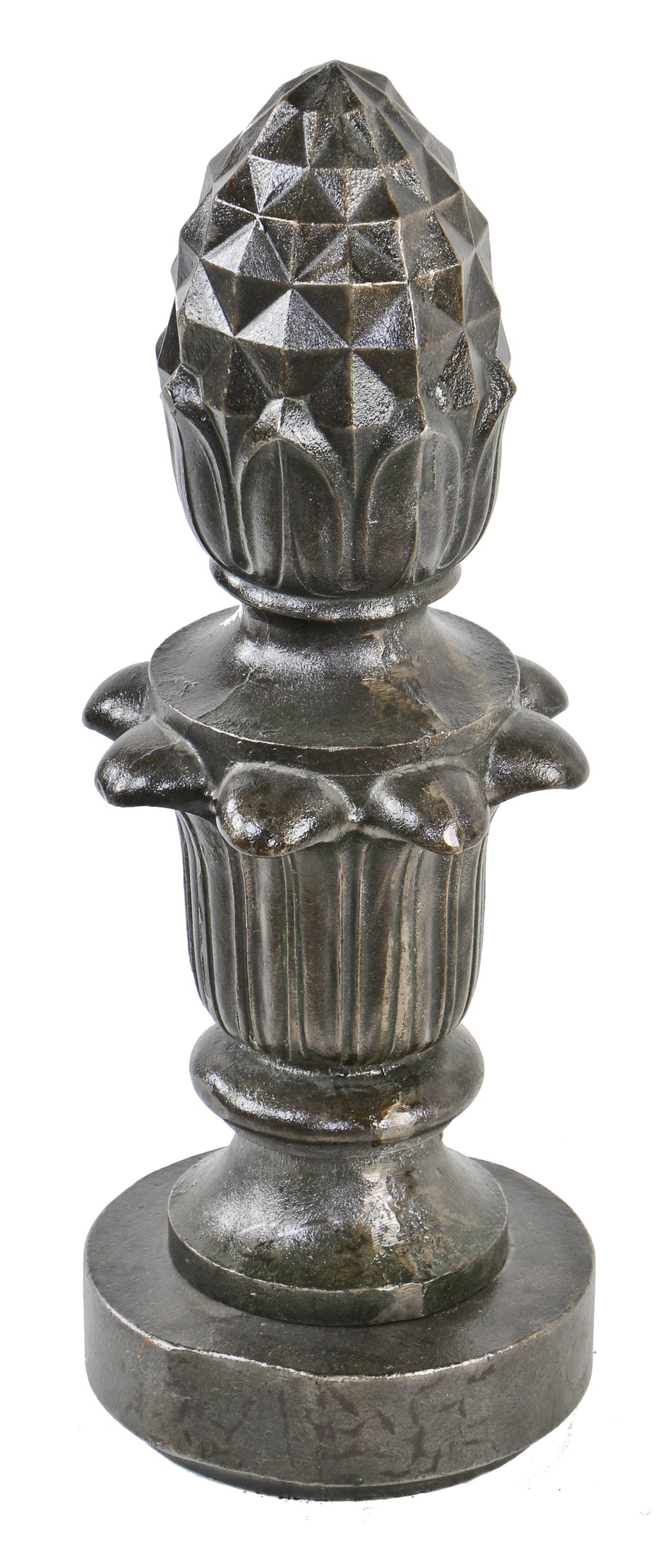 historically important early 20th century ornamental cast iron exterior city of detroit street lamppost "pineapple" finial with uniform brushed metal finish
