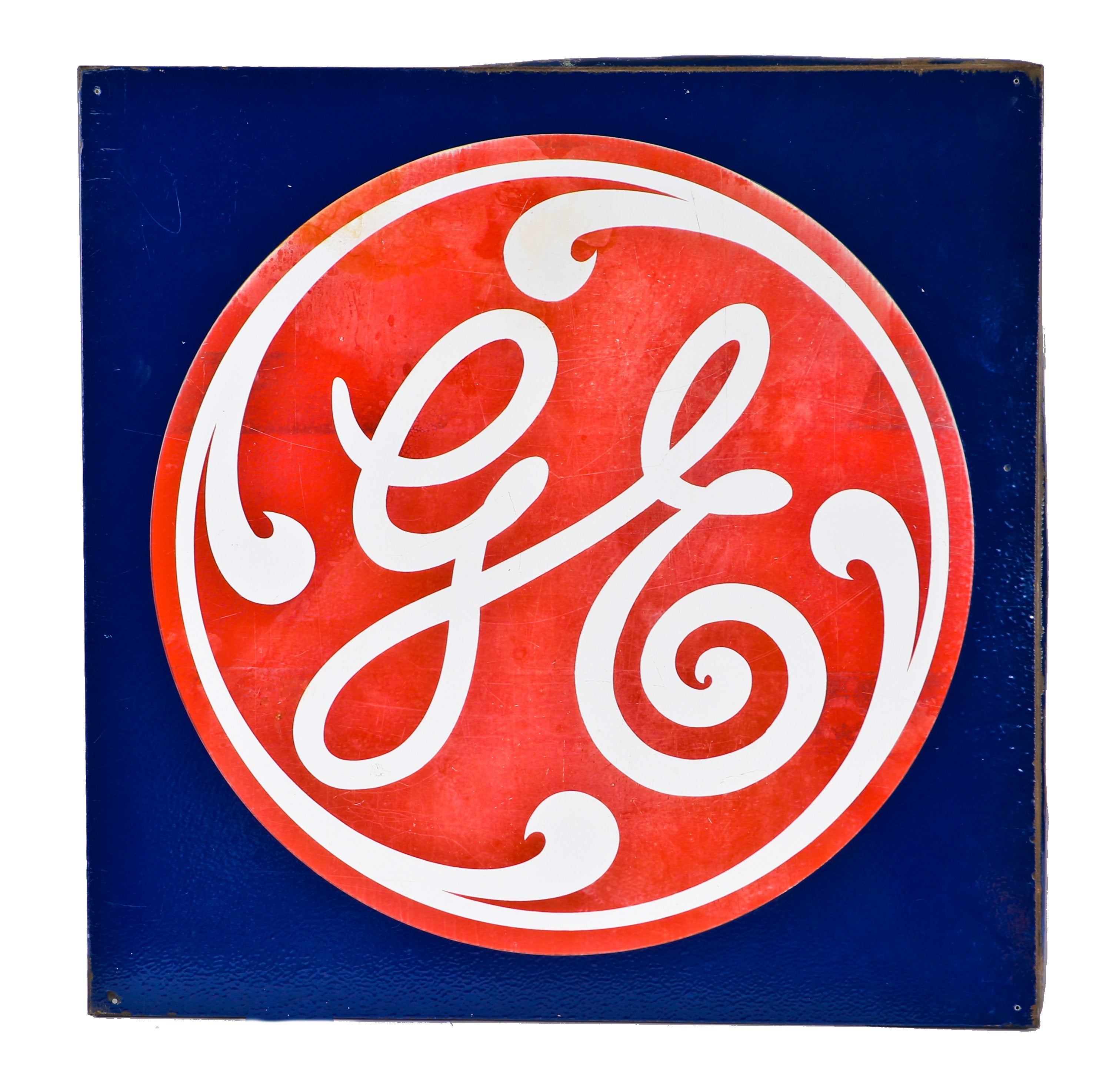 rare c. 1940's oversized single-sided brightly colored porcelain enameled exterior vintage american general electric factory building or appliance story porcelain enameled die cut steel sign