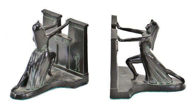 c. 1920's visually striking antique american art deco egyptian revival style figural cleopatra cast pewter matching bookends with original bronze patinated finish