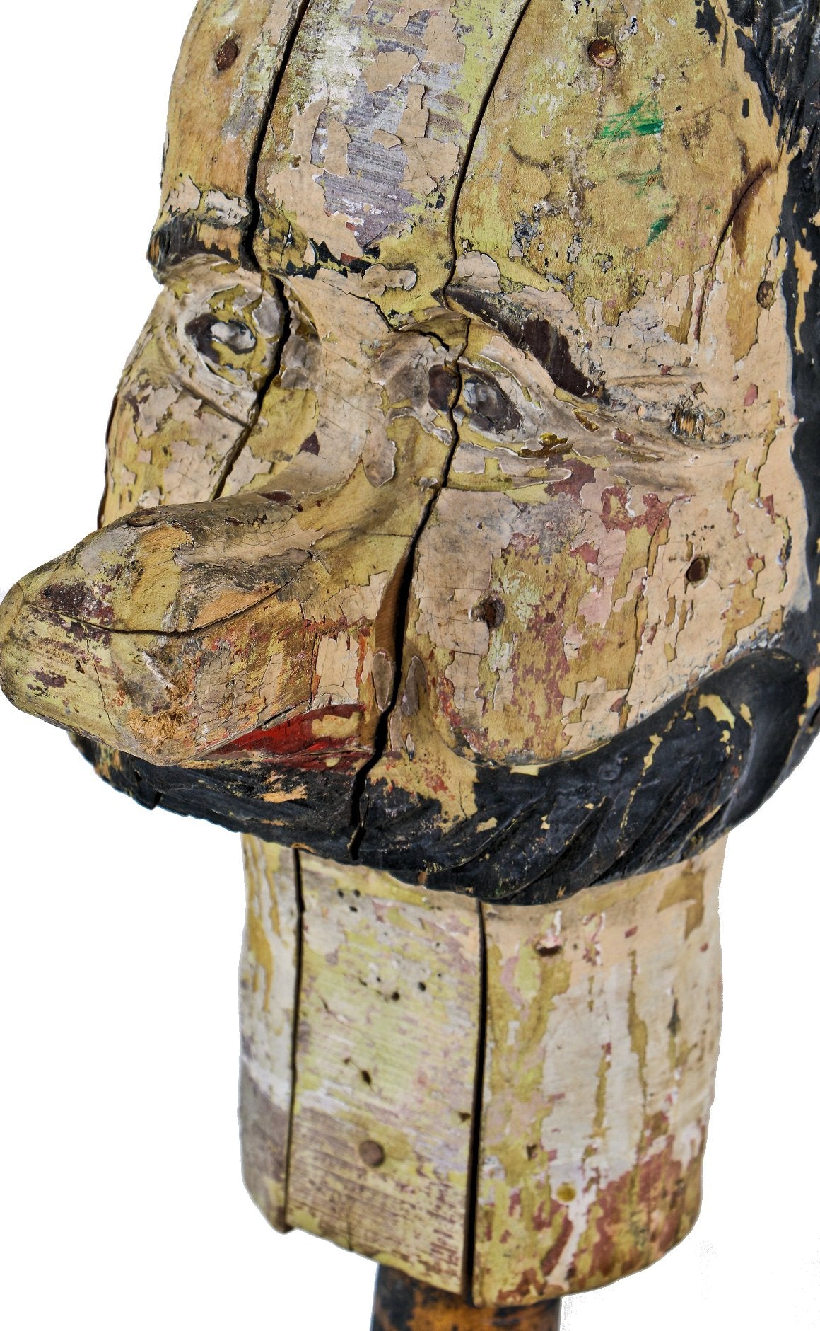 hand-carved early 20th century antique american folk art bearded man carnival game head with very early hand-painted finish and wood post