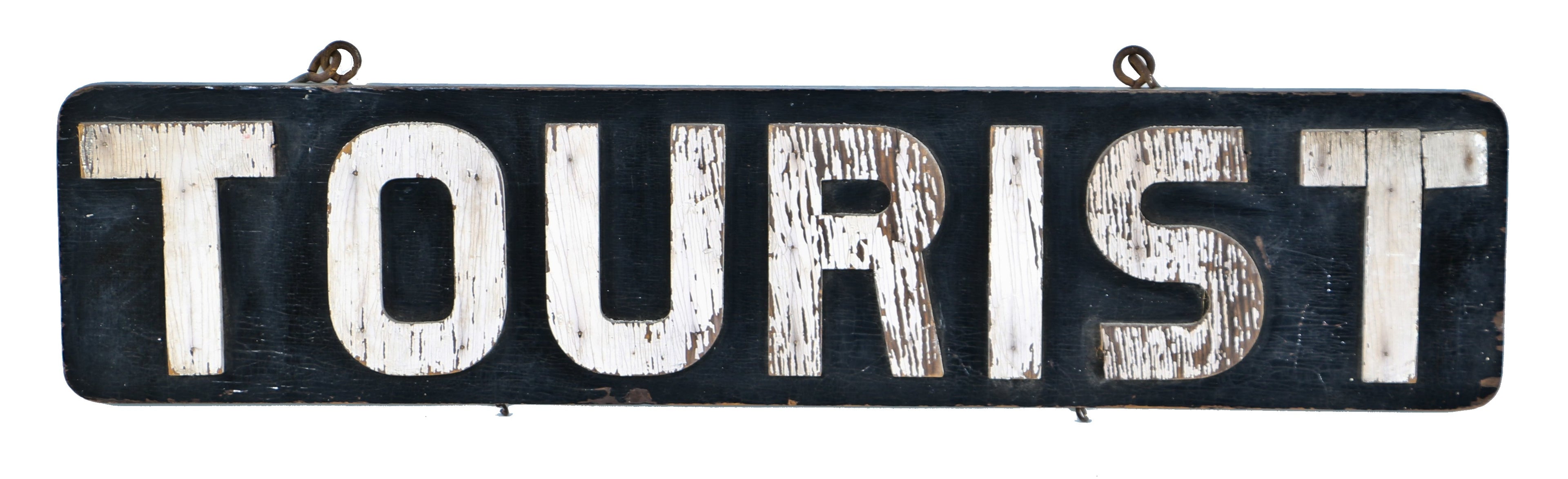 authentic c. 1930's american depression era double-sided hanging hand-painted wood "tourist" roadside motel sign with applied big and bold raised letters