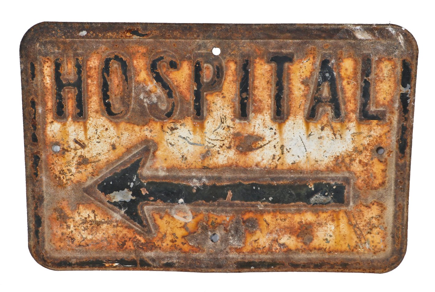 nicely aged original c. 1930's american depression era single-sided wall-mount or sign post chicago "hospital" stamped steel sign with large directional arrow