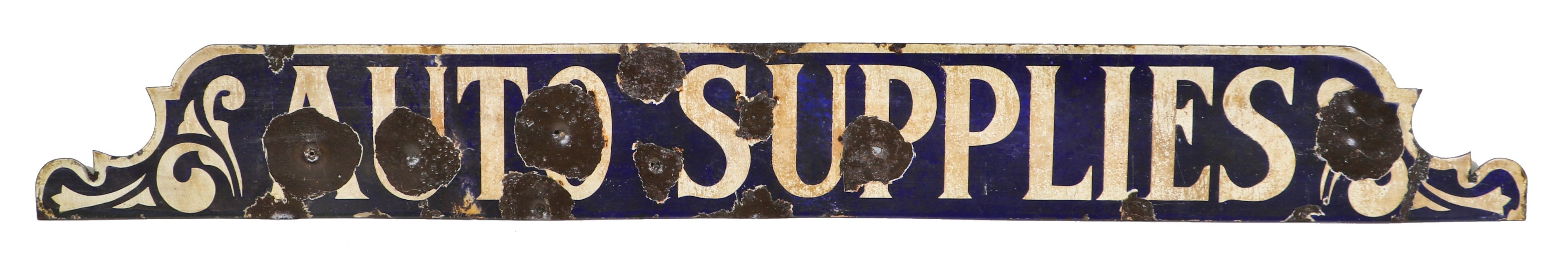 very early and heavily worn c. 1910-15 oversized antique american industrial cobalt blue porcelain or vitreous enameled "auto supplies" single-sided exterior sign with bullet holes