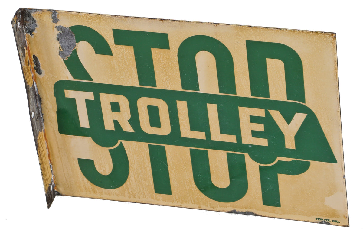 original c. 1940's double-sided heavy gauge die cut steel die cut porcelain or vitreous enameled "trolley stop" flush mount city street sign with unique graphic