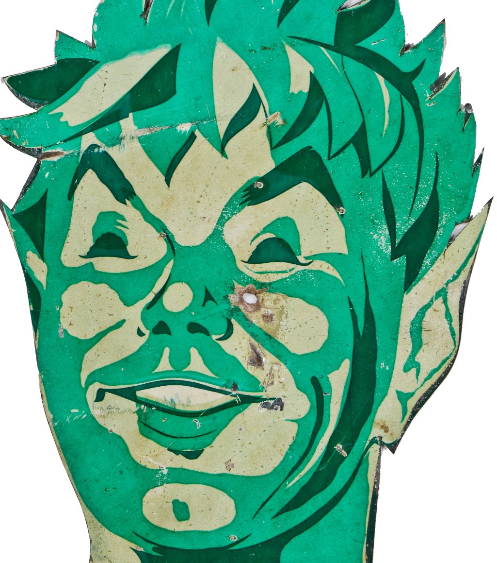 strange and rare oversized original ameican c. 1950's stamped metal "jolly green giant" highway roadside billboard figural sign with an allover reflective finish