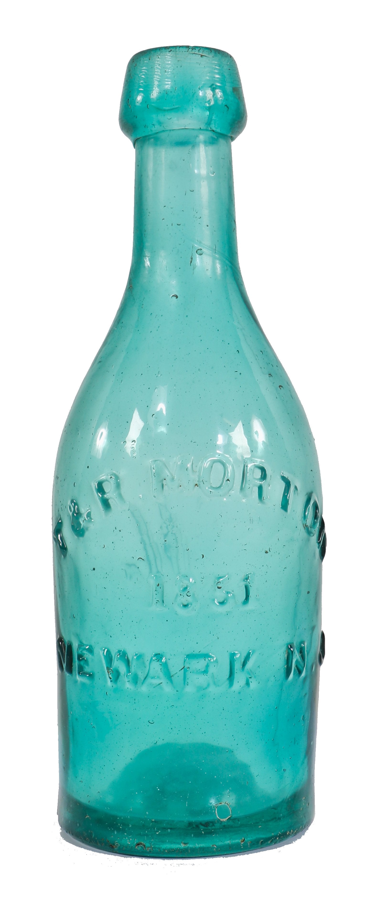 original mid-19th century antique american t. & r. morton iron-pontiled teal-colored glass soda or mineral water bottle with deep kick up and iron oxide residue