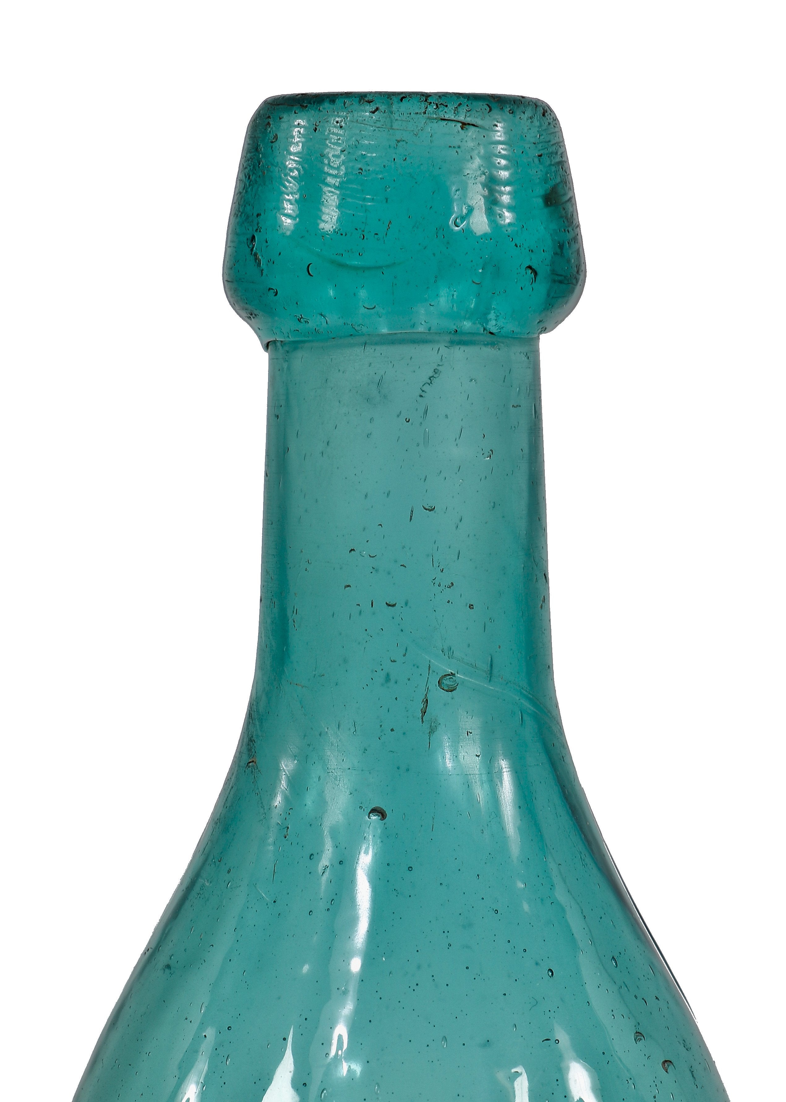 original mid-19th century antique american t. & r. morton iron-pontiled teal-colored glass soda or mineral water bottle with deep kick up and iron oxide residue
