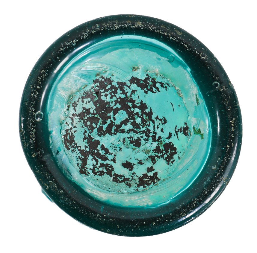 original mid-19th century antique american t. & r. morton iron-pontiled teal-colored glass soda or mineral water bottle with deep kick up and iron oxide residue
