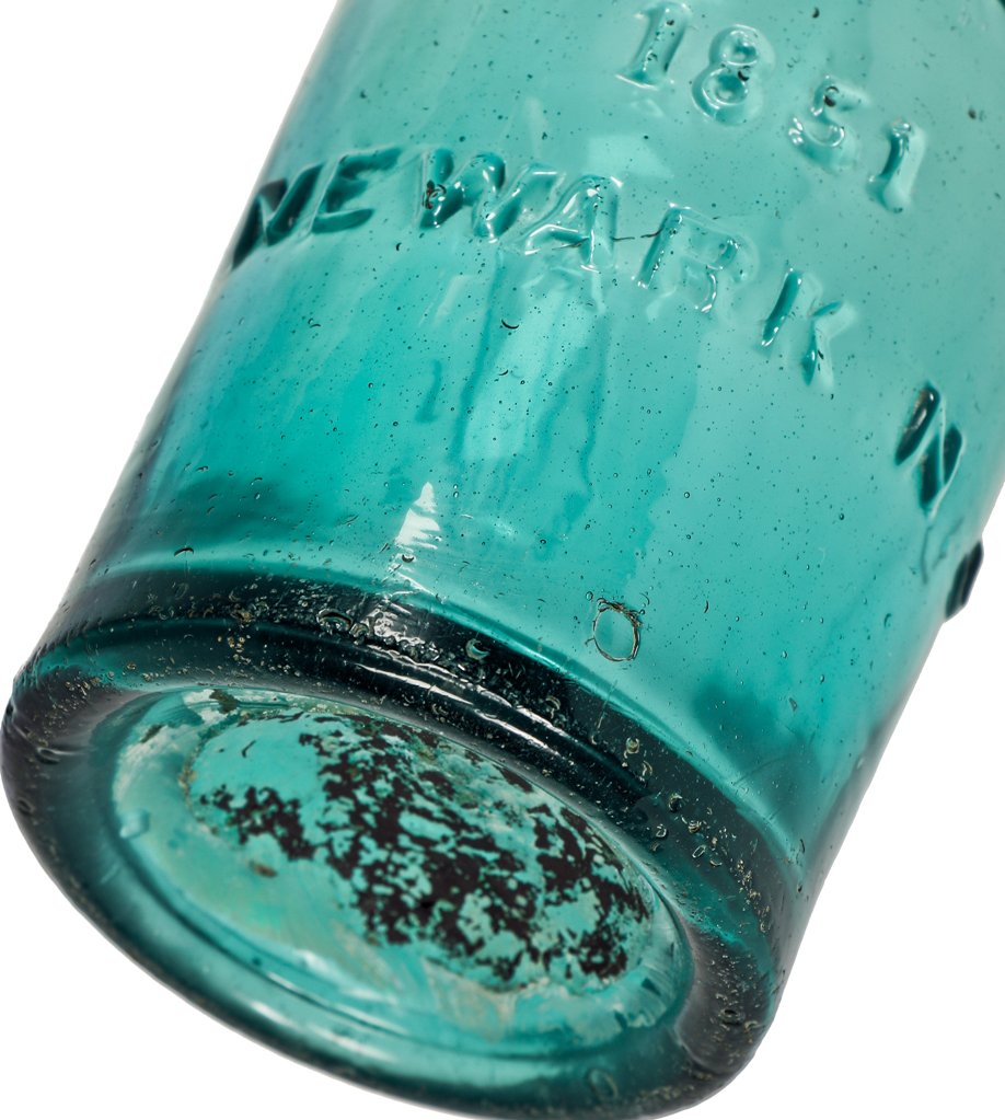 original mid-19th century antique american t. & r. morton iron-pontiled teal-colored glass soda or mineral water bottle with deep kick up and iron oxide residue