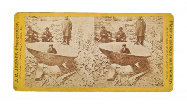 original 19th century antique american "views of the ruins of chicago" stereoview card depicting the chicago courthouse bronze bell surrounded by limestone walls
